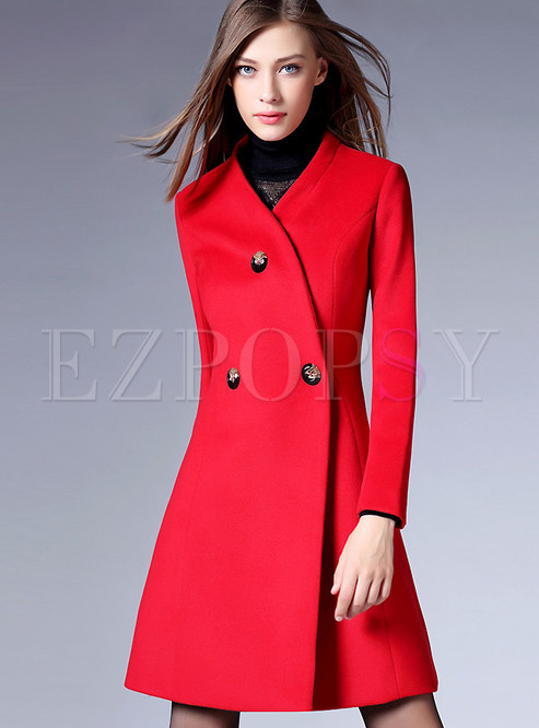 Outwear | Jackets/Coats | Fashion V-Neck Pure Color Slim Wool Coat
