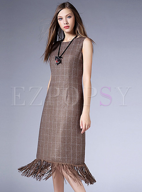 Dresses | Maxi Dresses | Sleeveless Tassel Long Plaid Dress