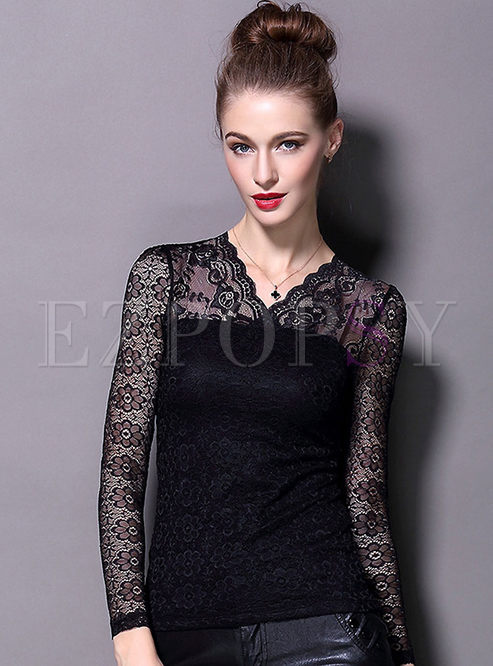 Tops | T-shirts | Fashion Lace V-Neck Slim T-Shirt