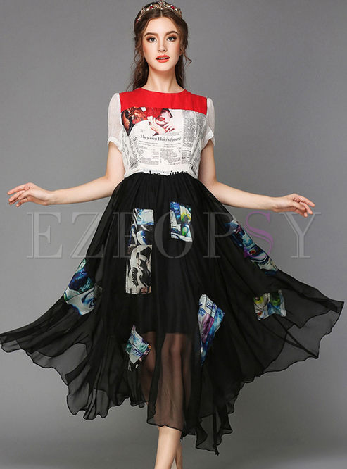 Dresses | Maxi Dresses | O-Neck Contrast Print Asymmetric Long Dress