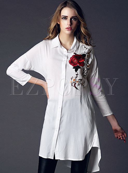 Tops | Blouses | Floral Embroidery Long White Blouse