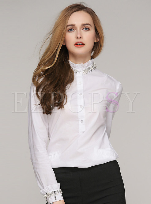 Tops | Blouses | White Stand Collar Bead Blouse