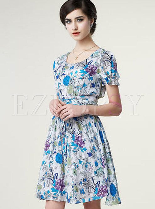 Dresses | Skater Dresses | O-Neck Floral Print Ruffled Dress