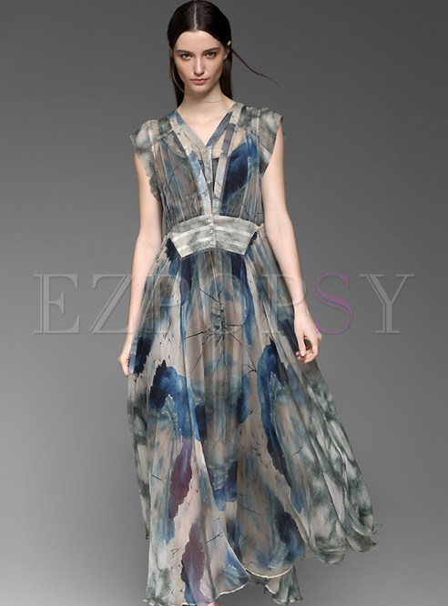 Asymmetric Print Patch Silk Dress