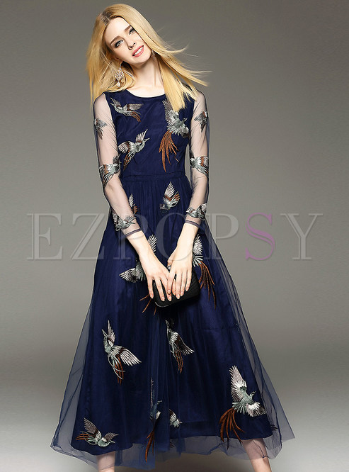 Elegant Embroidery Patch Mesh Dress