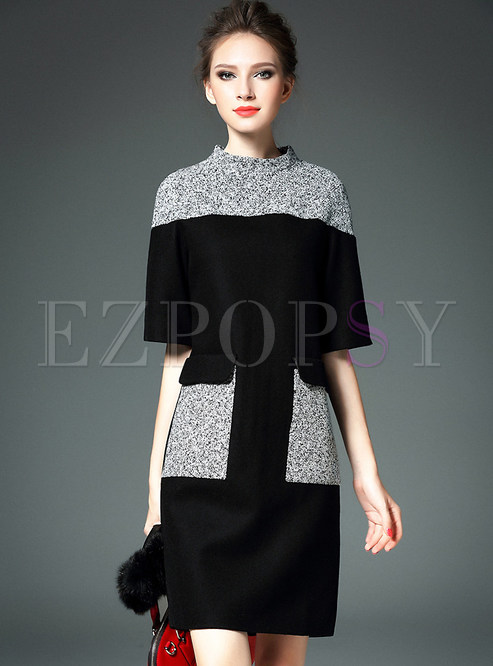 Contrast Back Zipper Wool Dress