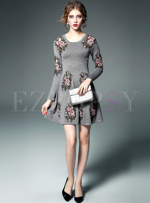 Dresses | Skater Dresses | Embroidery Wool Blend Dress