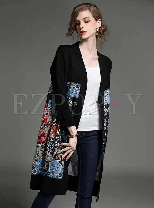 Tops | Sweaters | Print Patch Long Cardigan Sweater