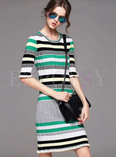 Dresses | Knitted Dresses | Half Sleeve Stripe Knit Dress