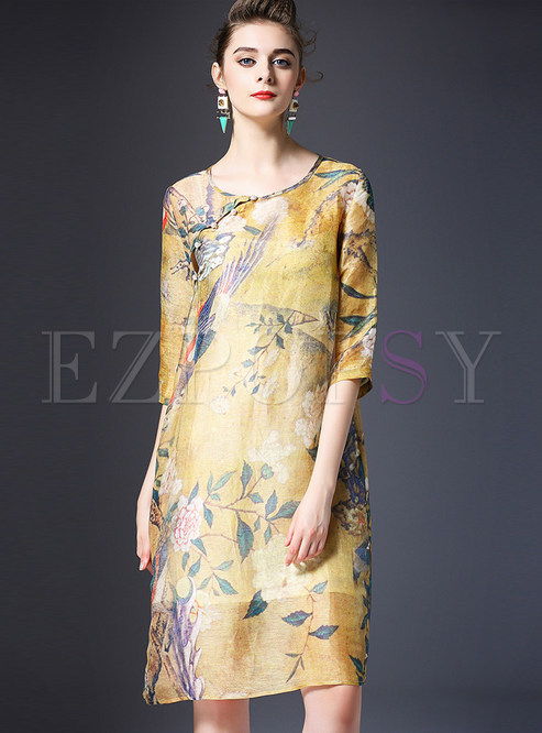 O-Neck Print Silk-Linen Dress