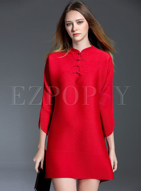 Pure Color Stand Collar Shift Dress