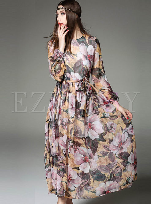 Dresses | Maxi Dresses | Long Sleeve Print Waist Long Dress