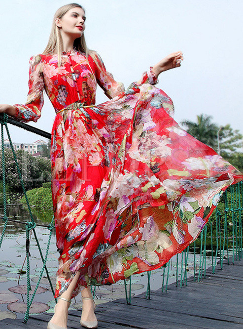 Summer Print Chiffon Long Sleeve Maxi Dress