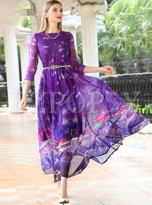 Summer O-Neck Purple Maxi Dress