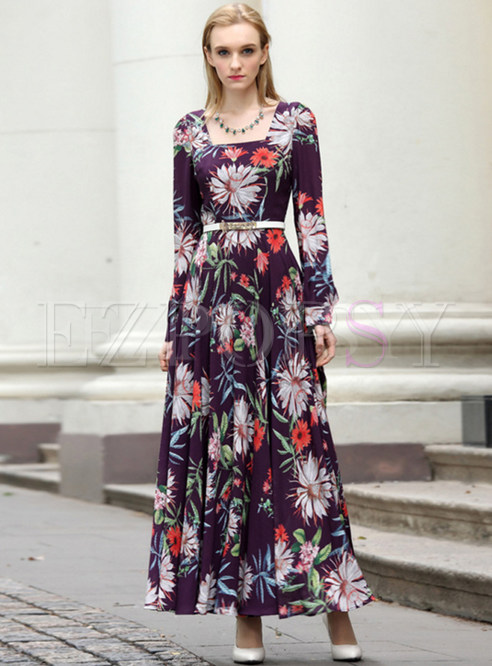 Dresses | Maxi Dresses | Square Neck Long Sleeve Print Maxi Dress