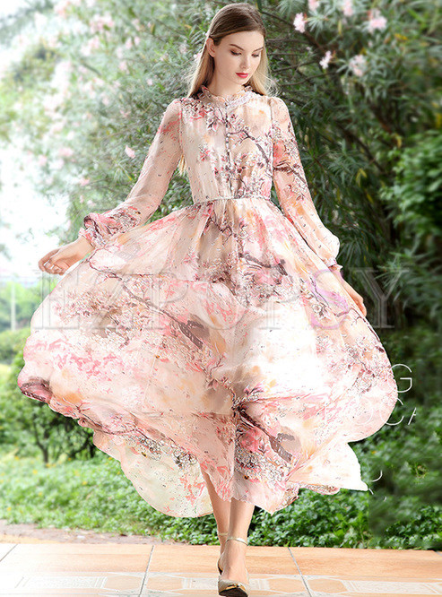 Summer Long Sleeve Chiffon Print Maxi Dress