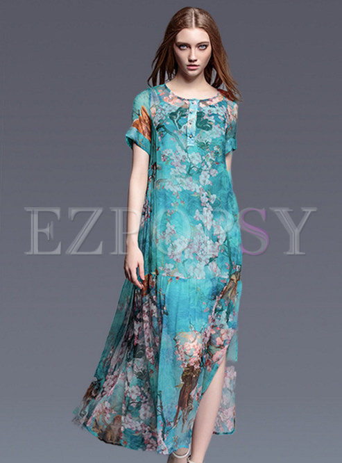 Dresses | Maxi Dresses | Short Sleeve Patch Print Slit Maxi Dress