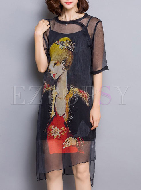 Silk Vintage Character Print Loose Dress