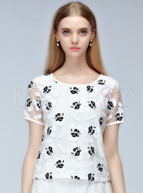 Short Sleeve Mesh Patch Print Casual Top