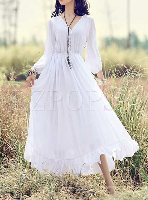 Dresses | Maxi Dresses | Brief Pure Color Lantern Sleeve Long Dress