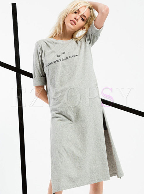 Pure Color Letter Print Slit T-Shirt Dress