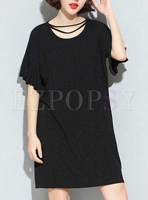 Brief Pure Color Flare Sleeve Loose Dress