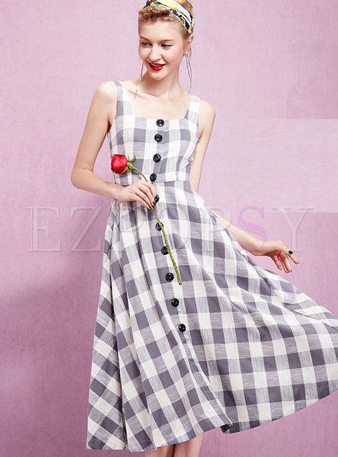 Chic Grid Print Strapless A-Line Dress