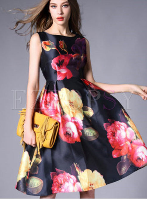 Dresses | Maxi Dresses | Sleeveless Flower Print Tight Waist A-Line Dress