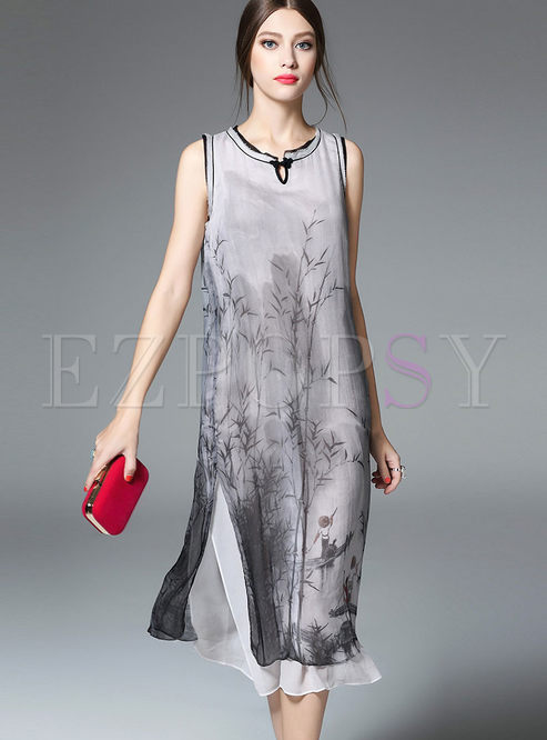 Dresses | Maxi Dresses | Ethnic Bamboo-Ink Print Side Slit Maxi Dress