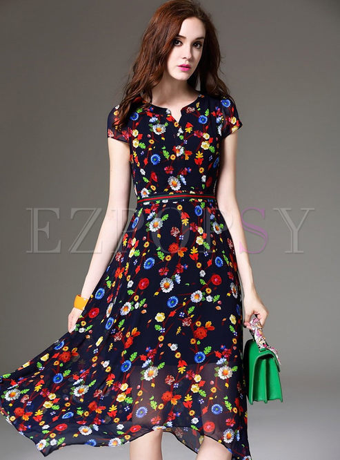 A-Line Multicolor Print Waist Dress