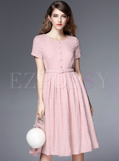 Dresses | Skater Dresses | Pink Tight Waist Single-Breasted Dress With Belt