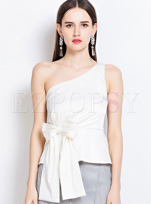 Stylish White One Shoulder Bowknot Patch Slim Top