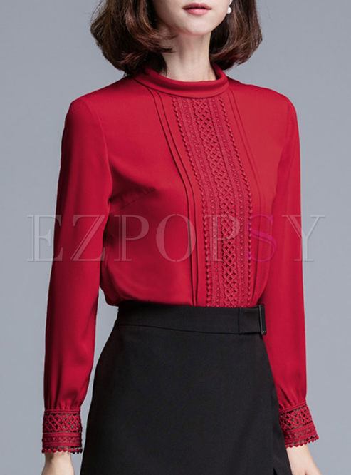 Pure Color Brief Lace Patch Slim Pullover Blouse