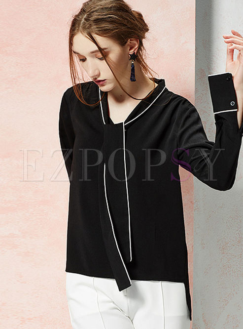 Black Hit Color Tie Patch Pullover Loose Blouse