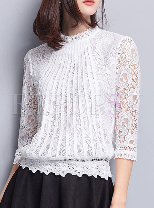 Elegant Solid Color Hollow Lace Patch Pullover T-shirt