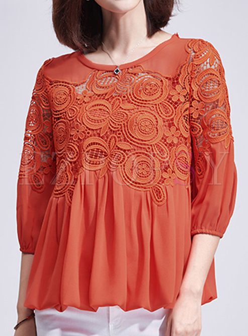 Chic Solid Color Lace Hollow Patch Lantern Sleeve T-shirt