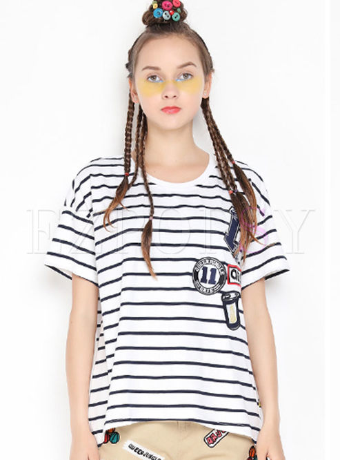 Casual Hit Color Stripe Embroidery Loose T-shirt