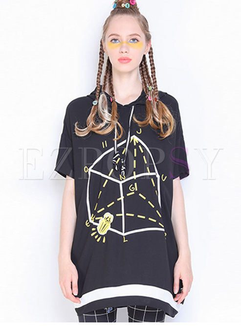 Chic Geometric Print Hit Color Hooded T-shirt