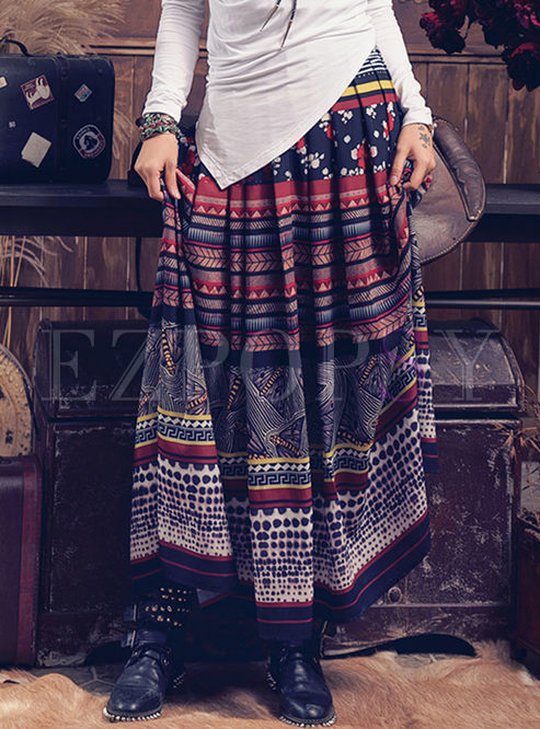 Ethnic Floral Print Big Hem Bohemian Maxi Skirt
