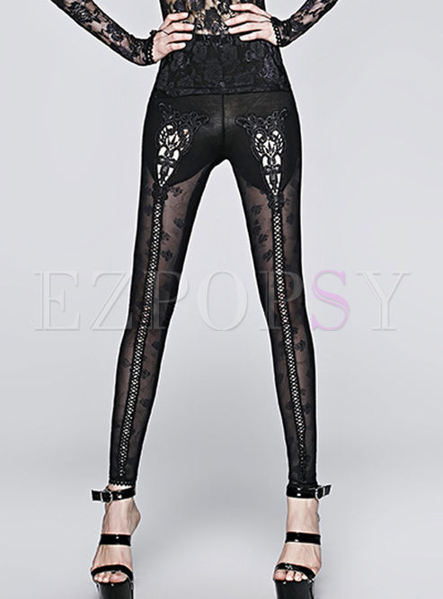 Chic See Through Look Flower Embroidery Leggings