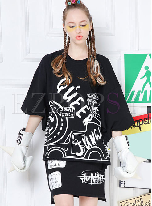 Loose Letter Print Hollow Casual T-shirt