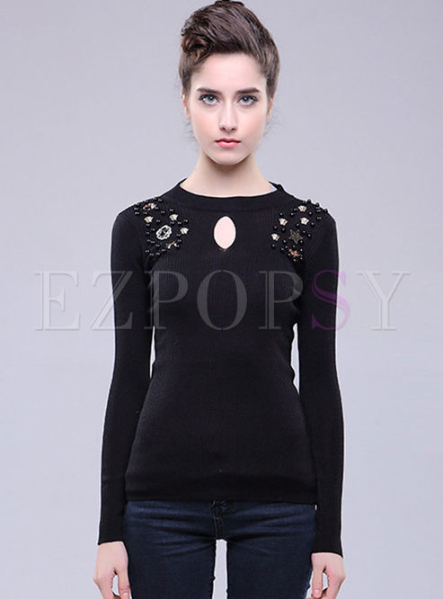 Slim Elastic Hollow Bead Knitted Sweater