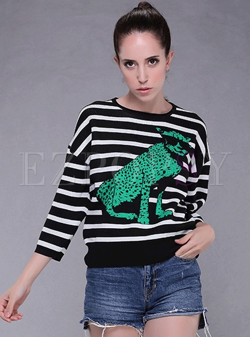 Striped Animal Patchwork Pullover Sweater