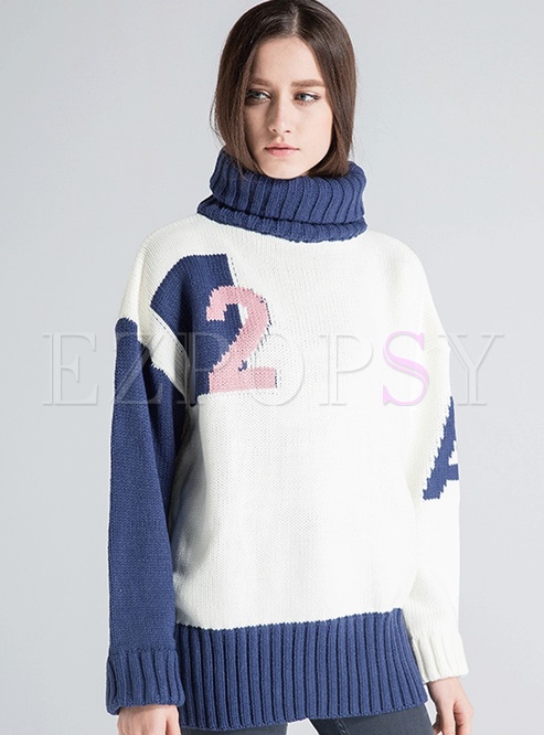 Letter Number High Collar Asymmetric Pullover Sweater