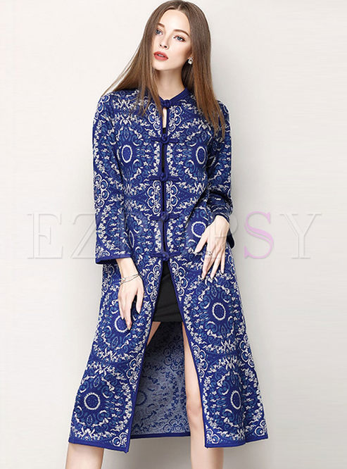 Stand Collar Buttons Floral Vintage Knit Coat