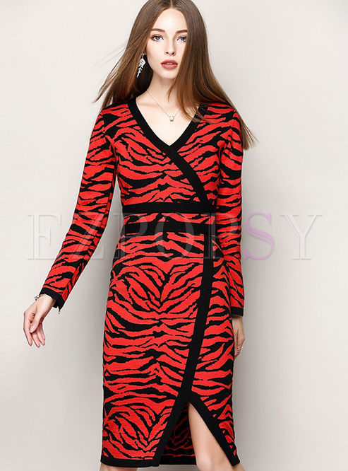 V-Neck Leopard Patchwork Front Slit Knit Dress