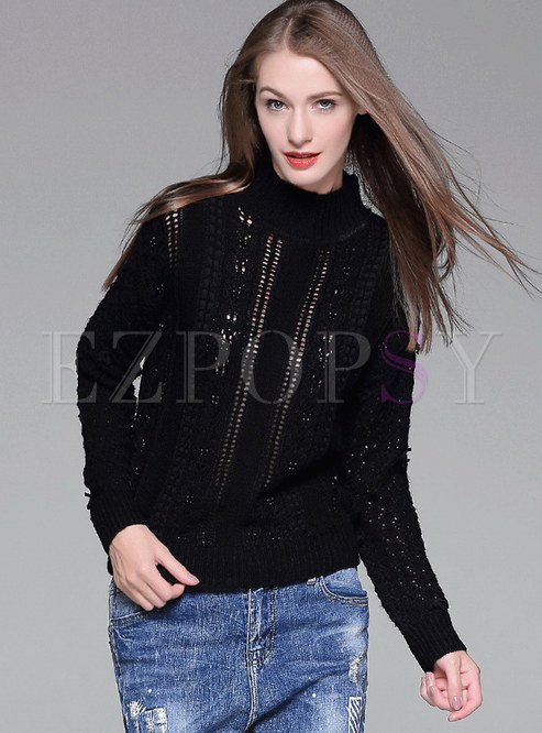 High Collar Hollow Out and Beads Knit Sweater