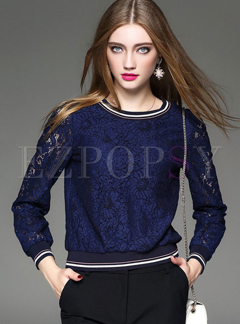 Chic Hollow Lace Patch Pullover T-shirt
