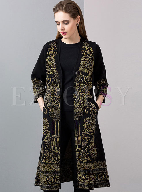 Outwear | Jackets/Coats | Vintage Court Print V-neck Waist Jacquard Coat