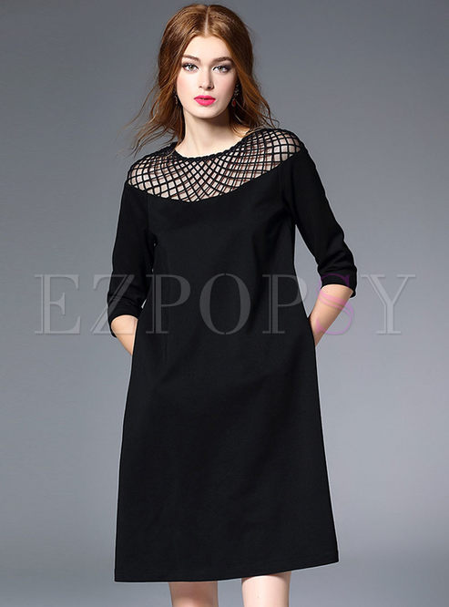Hollow Out Patchwork Solid Color Causal Shift Dress